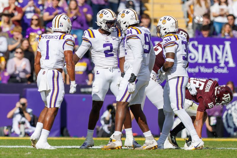 Nov 25, 2023; Baton Rouge, Louisiana, USA;  LSU Tigers defensive end Ovie Oghoufo (2) celebrates sacking Texas A&M Aggies quarterback Jaylen Henderson (16) during the first half at Tiger Stadium. Mandatory Credit: Stephen Lew-USA TODAY Sports