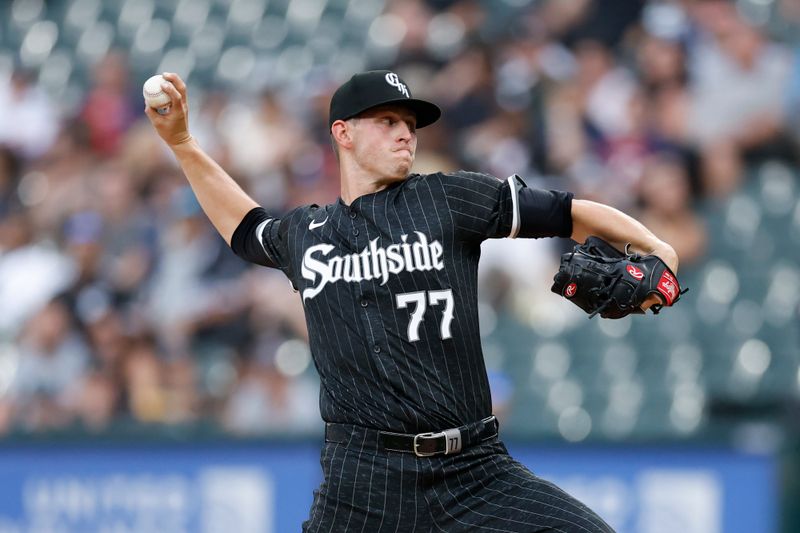 Jul 8, 2024; Chicago, Illinois, USA; Chicago White Sox starting pitcher Chris Flexen (77) delivers a pitch against the Minnesota Twins during the first inning at Guaranteed Rate Field. Mandatory Credit: Kamil Krzaczynski-USA TODAY Sports
