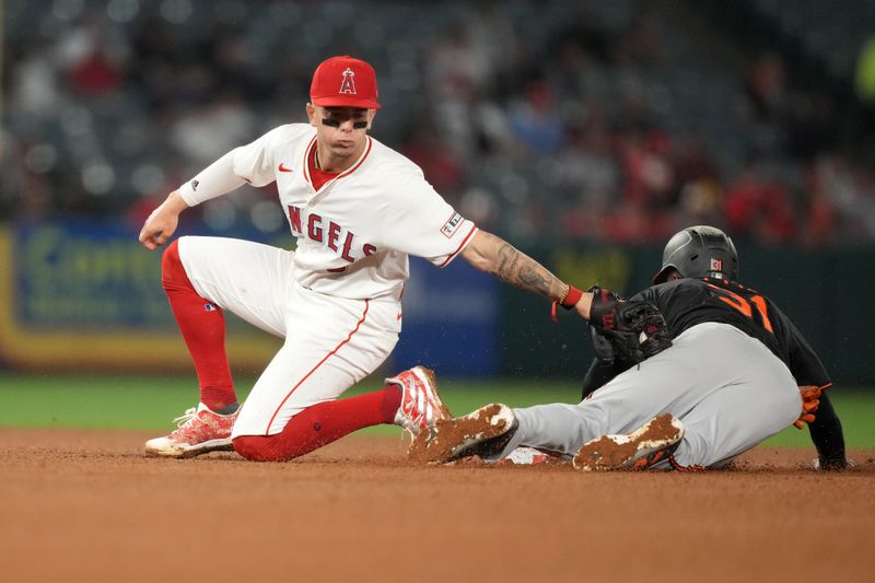 Apr 22, 2024; Anaheim, California, USA; Baltimore Orioles center fielder Cedric Mullins (31) slides into second base beneath the tag of Los Angeles Angels shortstop Zach Neto (9) for a stolen base in the ninth inning at Angel Stadium. Mandatory Credit: Kirby Lee-USA TODAY Sports