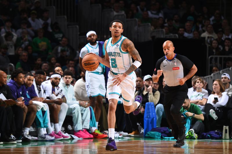 BOSTON, MA - APRIL 12:  Nick Smith Jr. #8 of the Charlotte Hornets handles the ball during the game against the Boston Celtics on April 12, 2024 at the TD Garden in Boston, Massachusetts. NOTE TO USER: User expressly acknowledges and agrees that, by downloading and or using this photograph, User is consenting to the terms and conditions of the Getty Images License Agreement. Mandatory Copyright Notice: Copyright 2024 NBAE  (Photo by Brian Babineau/NBAE via Getty Images)