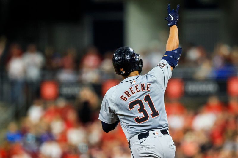 Jul 5, 2024; Cincinnati, Ohio, USA; Detroit Tigers outfielder Riley Greene (31) runs the bases after hitting a solo home run in the seventh inning against the Cincinnati Reds at Great American Ball Park. Mandatory Credit: Katie Stratman-USA TODAY Sports