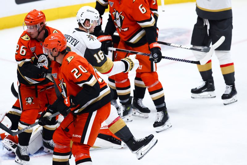 Nov 13, 2024; Anaheim, California, USA; Vegas Golden Knights left wing Pavel Dorofeyev (16) celebrates after scoring a goal against the Anaheim Ducks during the third period of a hockey game at Honda Center. Mandatory Credit: Jessica Alcheh-Imagn Images