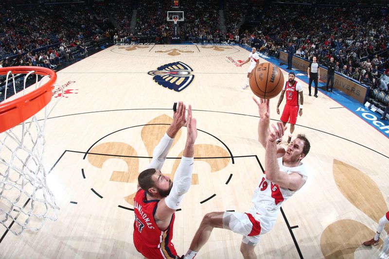 NEW ORLEANS, LA - FEBRUARY 5: Jakob Poeltl #19 of the Toronto Raptors shoots the ball during the game against the New Orleans Pelicans on February 5, 2024 at the Smoothie King Center in New Orleans, Louisiana. NOTE TO USER: User expressly acknowledges and agrees that, by downloading and or using this Photograph, user is consenting to the terms and conditions of the Getty Images License Agreement. Mandatory Copyright Notice: Copyright 2024 NBAE (Photo by Layne Murdoch Jr./NBAE via Getty Images)