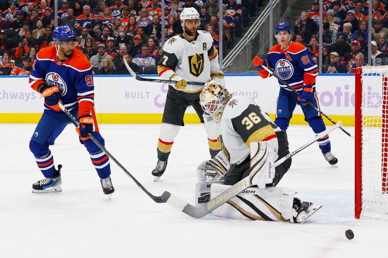 Nov 28, 2023; Edmonton, Alberta, CAN; Edmonton Oilers forward Evander Kane (91) tips a shot just wide of Vegas Golden Knights goaltender Logan Thompson (36) during the third period at Rogers Place. Mandatory Credit: Perry Nelson-USA TODAY Sports