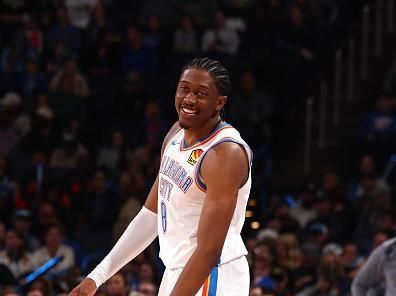 OKLAHOMA CITY, OK - DECEMBER 18: Jalen Williams #8 of the Oklahoma City Thunder smiles during the game against the Memphis Grizzlies on December 18, 2023 at Paycom Arena in Oklahoma City, Oklahoma. NOTE TO USER: User expressly acknowledges and agrees that, by downloading and or using this photograph, User is consenting to the terms and conditions of the Getty Images License Agreement. Mandatory Copyright Notice: Copyright 2023 NBAE (Photo by Zach Beeker/NBAE via Getty Images)