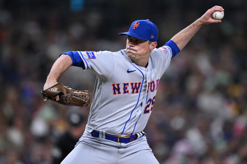 Jul 7, 2023; San Diego, California, USA; New York Mets relief pitcher Brooks Raley (25) throws a pitch against the San Diego Padres during the seventh inning at Petco Park. Mandatory Credit: Orlando Ramirez-USA TODAY Sports