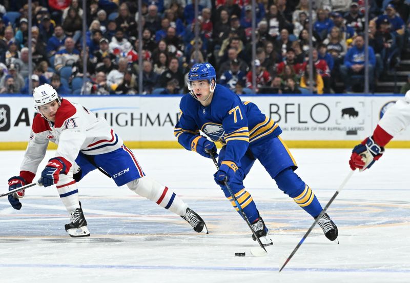 Nov 11, 2024; Buffalo, New York, USA; Buffalo Sabres right wing JJ Peterka (77) looks to shoot the puck with Montreal Canadiens center Jake Evans (71) defending in the second period at KeyBank Center. Mandatory Credit: Mark Konezny-Imagn Images