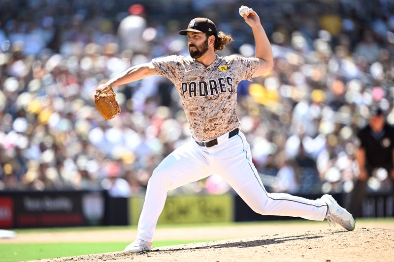 Jul 7, 2024; San Diego, California, USA; San Diego Padres relief pitcher Austin Davis (48) pitches against the Arizona Diamondbacks during the eighth inning at Petco Park. Mandatory Credit: Orlando Ramirez-USA TODAY Sports