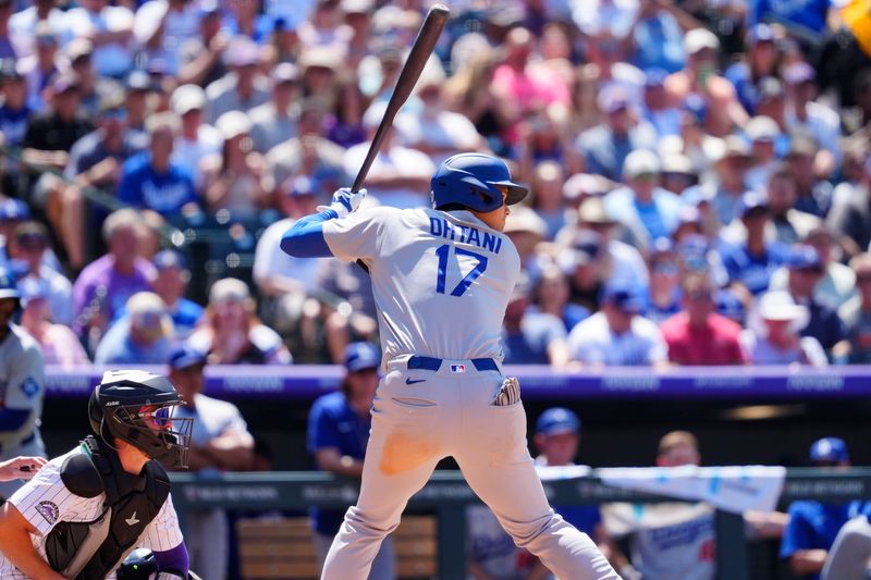 Jun 26, 2025; Denver, Colorado, USA; Los Angeles Dodgers designated hitter  Shohei Ohtani (17) at the plate in the seventh inning against the Colorado Rockies at Coors Field. Mandatory Credit: Ron Chenoy-Imagn Images