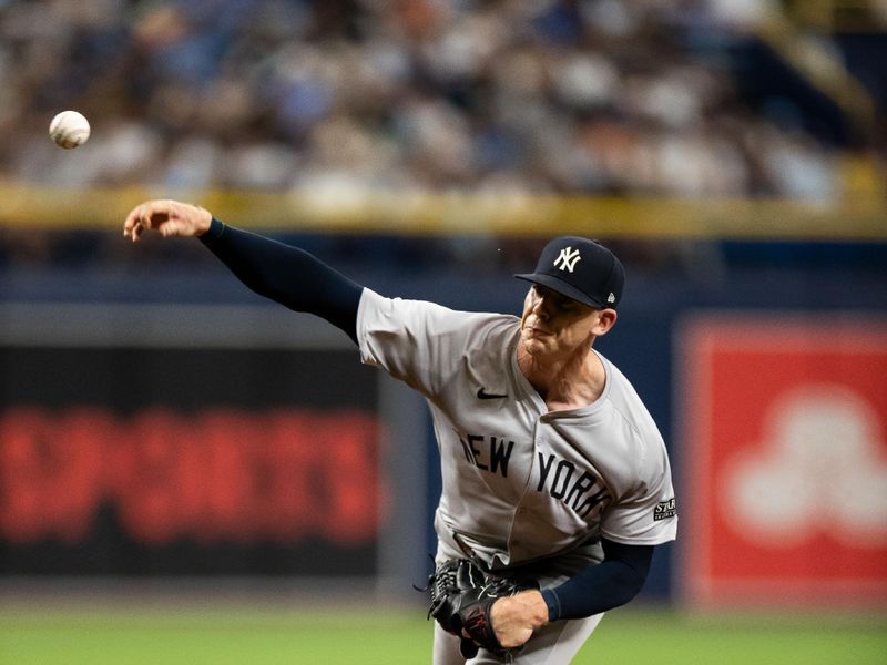 May 11, 2024; St. Petersburg, Florida, USA; New York Yankees pitcher Ian Hamilton (71) throws the ball against the Tampa Bay Rays during the seventh inning at Tropicana Field. Mandatory Credit: Matt Pendleton-USA TODAY Sports