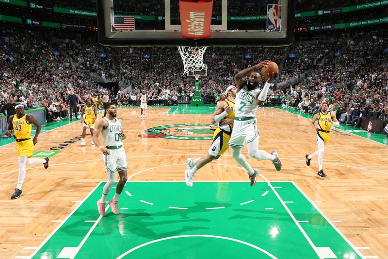 BOSTON, MA - MAY 21: Jaylen Brown #7 of the Boston Celtics drives to the basket during the game against the Indiana Pacers during Game 1 of the Eastern Conference Finals of the 2024 NBA Playoffs on May 21, 2024 at the TD Garden in Boston, Massachusetts. NOTE TO USER: User expressly acknowledges and agrees that, by downloading and or using this photograph, User is consenting to the terms and conditions of the Getty Images License Agreement. Mandatory Copyright Notice: Copyright 2024 NBAE  (Photo by Nathaniel S. Butler/NBAE via Getty Images)