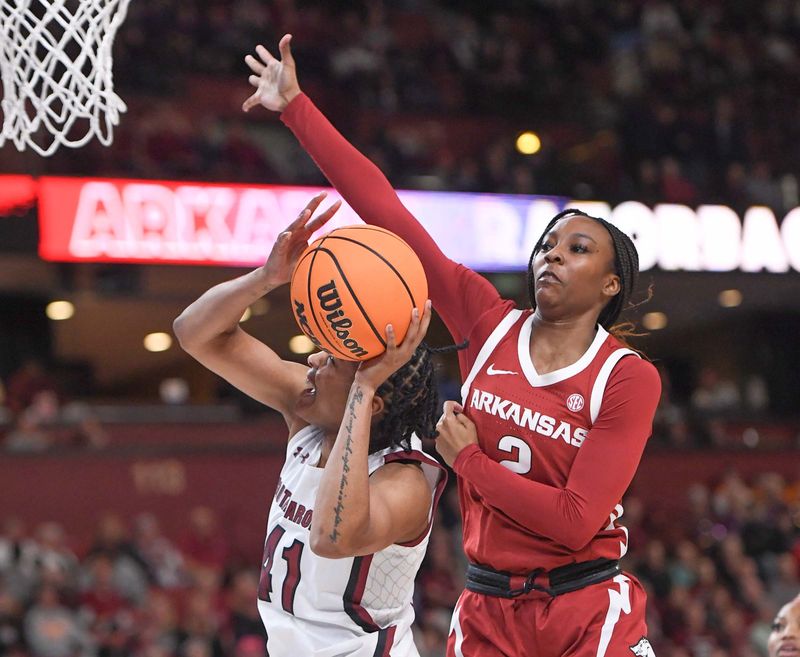 Mar 3, 2023; Greenville, SC, USA; South Carolina guard Kierra Fletcher (41) shoots near Arkansas guard Samara Spencer (2) during the first quarter at Bon Secours Wellness Arena. Mandatory Credit: Ken Ruinard-USA TODAY Sports