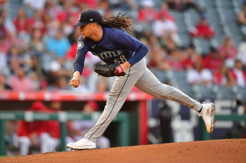 Jul 11, 2024; Anaheim, California, USA; Seattle Mariners pitcher Luis Castillo (58) throws agianst the Los Angeles Angels during the second inning at Angel Stadium. Mandatory Credit: Gary A. Vasquez-USA TODAY Sports