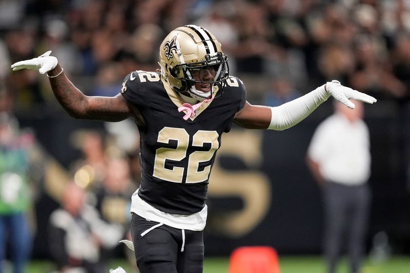 New Orleans Saints wide receiver Rashid Shaheed (22) celebrates a touchdown against the Carolina Panthers during the first half of an NFL football game Sunday, Sept. 8, 2024, in New Orleans. (AP Photo/Gerald Herbert)