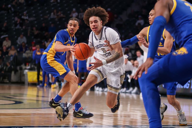 Jan 23, 2024; Atlanta, Georgia, USA; Georgia Tech Yellow Jackets guard Naithan George (2) drives to the basket against the Pittsburgh Panthers in the second half at McCamish Pavilion. Mandatory Credit: Brett Davis-USA TODAY Sports
