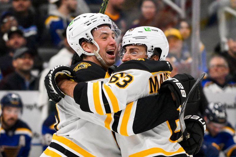 Nov 12, 2024; St. Louis, Missouri, USA;  Boston Bruins defenseman Charlie McAvoy (73) celebrates with left wing Brad Marchand (63) after scoring the game tying goal against the St. Louis Blues during the third period at Enterprise Center. Mandatory Credit: Jeff Curry-Imagn Images