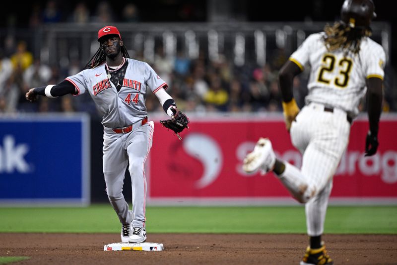 Apr 30, 2024; San Diego, California, USA; Cincinnati Reds shortstop Elly De La Cruz (44) throws to first base after forcing out San Diego Padres right fielder Fernando Tatis Jr. (23) at second base to complete a double play during the eighth inning at Petco Park. Mandatory Credit: Orlando Ramirez-USA TODAY Sports