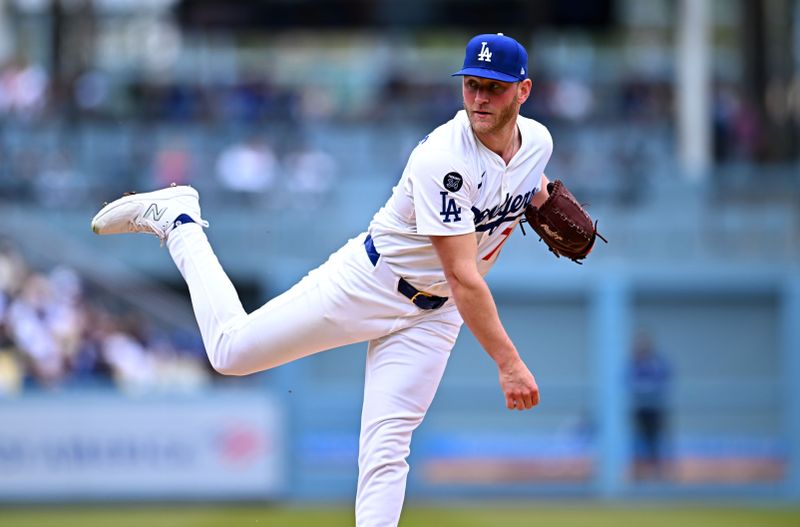 Apr 27, 2025; Los Angeles, California, USA; Los Angeles Dodgers pitcher Ben Casparius (78) throws during the third inning against the Pittsburgh Pirates at Dodger Stadium. Mandatory Credit: Jonathan Hui-Imagn Images