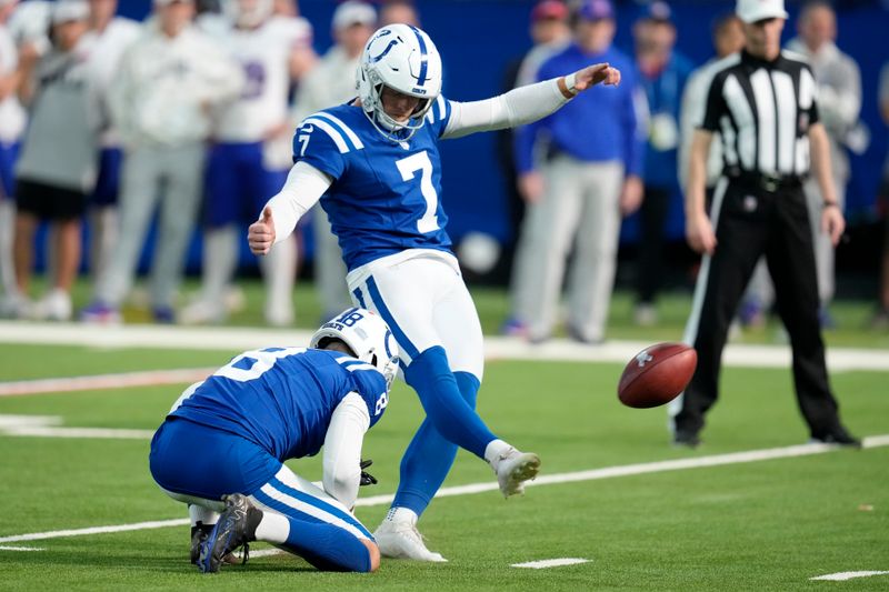 Indianapolis Colts place-kicker Matt Gay (7) boots a field goal during the first half of an NFL football game against the Buffalo Bills, Sunday, Nov. 10, 2024, in Indianapolis. (AP Photo/Darron Cummings)