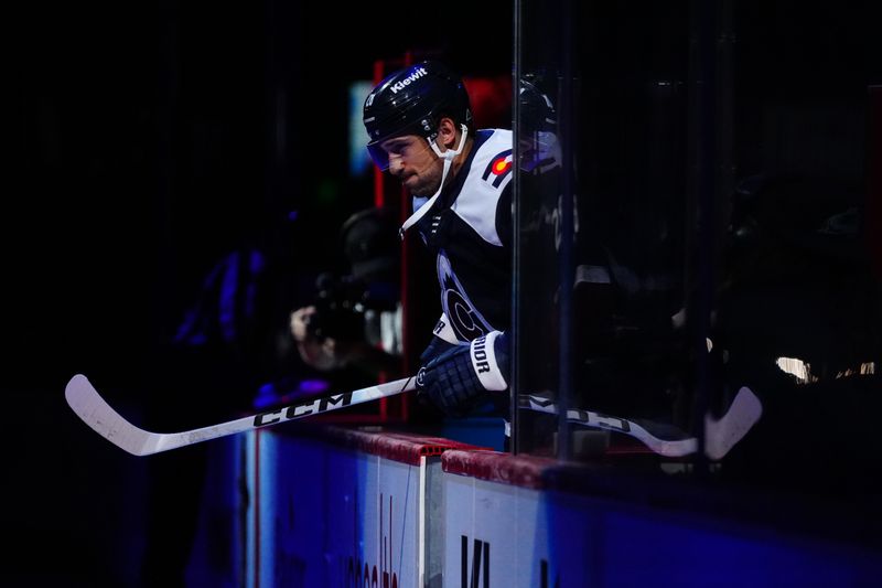 Feb 28, 2025; Denver, Colorado, USA; Colorado Avalanche left wing Miles Wood (28) takes the ice against the Minnesota Wild at Ball Arena. Mandatory Credit: Ron Chenoy-Imagn Images