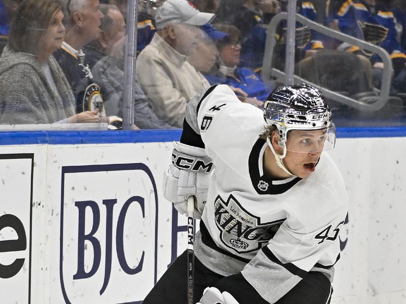 Mar 13, 2024; St. Louis, Missouri, USA;  Los Angeles Kings center Blake Lizotte (46) controls the puck against the St. Louis Blues during the first period at Enterprise Center. Mandatory Credit: Jeff Curry-USA TODAY Sports