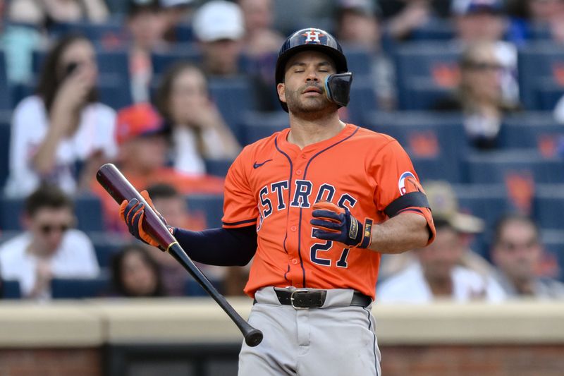 Jun 29, 2024; New York City, New York, USA; Houston Astros second baseman Jose Altuve (27) reacts after striking out against the New York Mets during the seventh inning at Citi Field. Mandatory Credit: John Jones-USA TODAY Sports