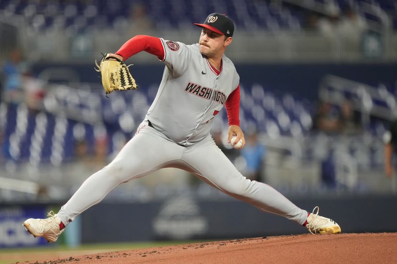 Sep 9, 2025; Miami, Florida, USA;  Washington Nationals starting pitcher Mitchell Parker (70) pitches against the Miami Marlins in the first inning at loanDepot Park. Mandatory Credit: Jim Rassol-Imagn Images