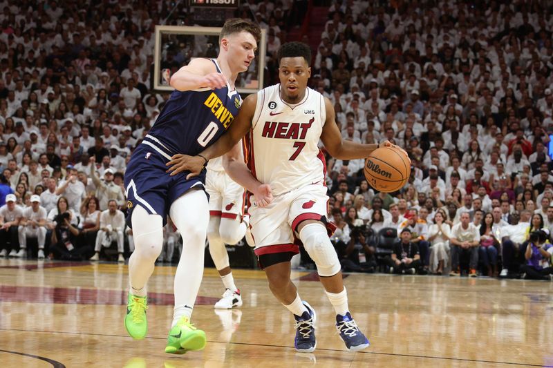 MIAMI, FL - JUNE 9: Kyle Lowry #7 of the Miami Heat dribbles the ball during Game Four of the 2023 NBA Finals against the Denver Nuggets on June 9, 2023 at Kaseya Center in Miami, Florida. NOTE TO USER: User expressly acknowledges and agrees that, by downloading and or using this Photograph, user is consenting to the terms and conditions of the Getty Images License Agreement. Mandatory Copyright Notice: Copyright 2023 NBAE (Photo by Nathaniel S. Butler/NBAE via Getty Images)