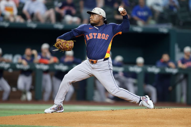 May 18, 2025; Arlington, Texas, USA; Houston Astros pitcher Framber Valdez (59) throws a pitch during the second inning against the Texas Rangers at Globe Life Field. Mandatory Credit: Tim Heitman-Imagn Images