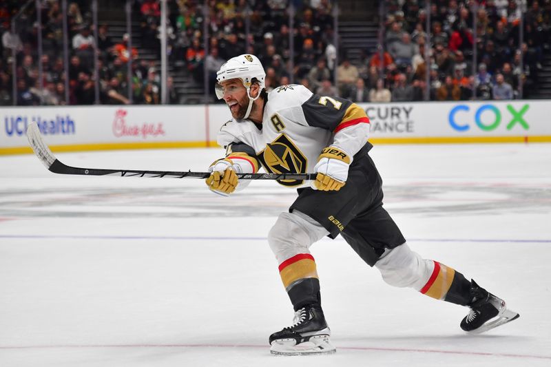 Dec 27, 2023; Anaheim, California, USA; Vegas Golden Knights defenseman Alex Pietrangelo (7) shoots on goal against the Anaheim Ducks during the second period at Honda Center. Mandatory Credit: Gary A. Vasquez-USA TODAY Sports