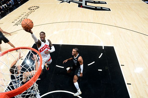 SAN ANTONIO, TX - NOVEMBER 5: Dennis Schroder #17 of the Toronto Raptors drives to the basket during the game against the San Antonio Spurs on November 5, 2023 at the Frost Bank Center in San Antonio, Texas. NOTE TO USER: User expressly acknowledges and agrees that, by downloading and or using this photograph, user is consenting to the terms and conditions of the Getty Images License Agreement. Mandatory Copyright Notice: Copyright 2023 NBAE (Photos by Michael Gonzales/NBAE via Getty Images)