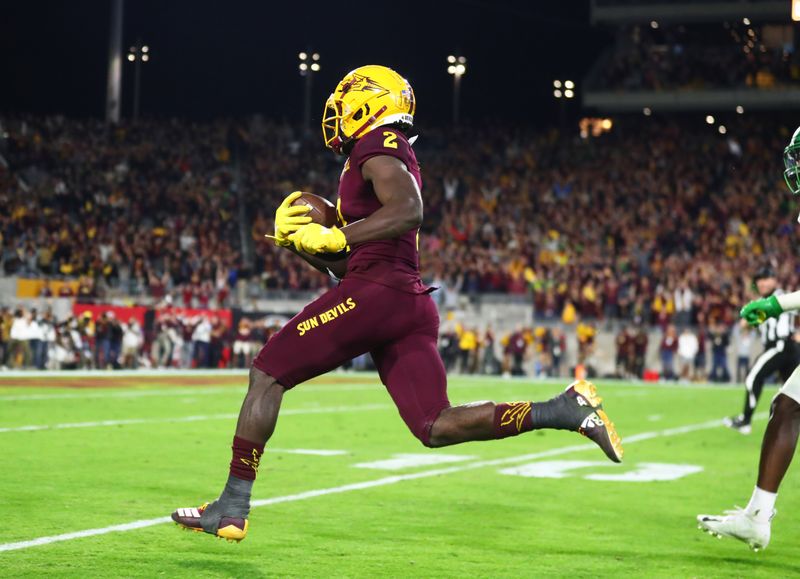 Nov 23, 2019; Tempe, AZ, USA; Arizona State Sun Devils wide receiver Brandon Aiyuk (2) scores a fourth quarter touchdown against the Oregon Ducks at Sun Devil Stadium. Mandatory Credit: Mark J. Rebilas-USA TODAY Sports