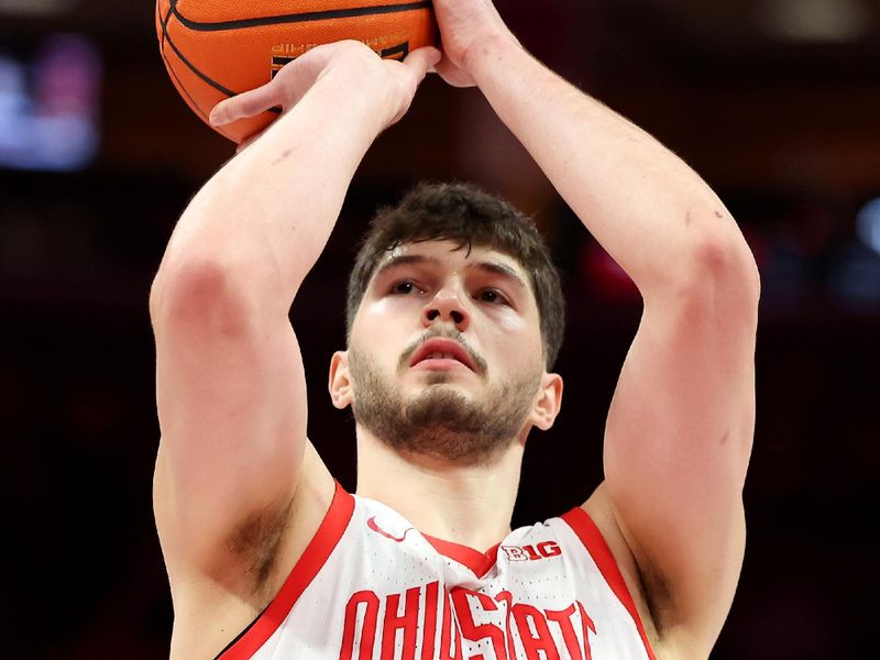 Jan 20, 2026; Columbus, Ohio, USA; Ohio State Buckeyes center Ivan Njegovan (7) shoots a free throw during overtime against the Minnesota Golden Gophers at Value City Arena. Mandatory Credit: Joseph Maiorana-Imagn Images