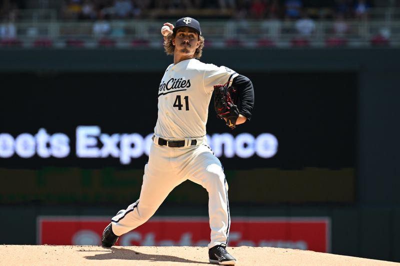 Jul 9, 2023; Minneapolis, Minnesota, USA; Minnesota Twins starting pitcher Joe Ryan (41) throws a pitch against the Baltimore Orioles during the first inning at Target Field. Mandatory Credit: Jeffrey Becker-USA TODAY Sports