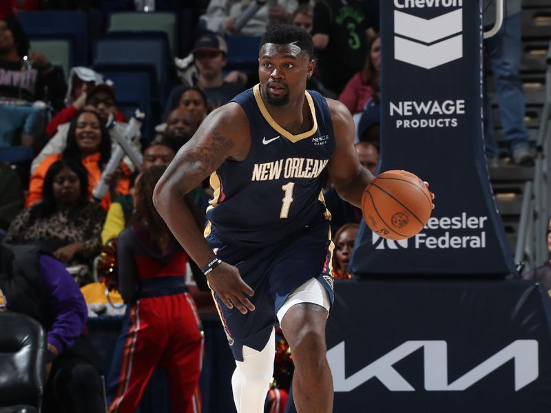 NEW ORLEANS, LA - JANUARY 17:  Zion Williamson #1 of the New Orleans Pelicans dribbles the ball during the game against the Utah Jazz on January 17, 2025 at the Smoothie King Center in New Orleans, Louisiana. NOTE TO USER: User expressly acknowledges and agrees that, by downloading and or using this Photograph, user is consenting to the terms and conditions of the Getty Images License Agreement. Mandatory Copyright Notice: Copyright 2025 NBAE (Photo by Layne Murdoch Jr./NBAE via Getty Images)