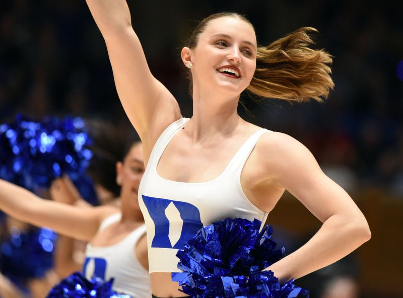 Feb 28, 2023; Durham, North Carolina, USA; A Duke Blue Devils dancer performs during the first half at Cameron Indoor Stadium. Mandatory Credit: Rob Kinnan-USA TODAY Sports