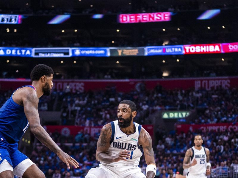 LOS ANGELES, CA - APRIL 21: Kyrie Irving #11 of the Dallas Mavericks dribbles the ball during the game against the LA Clippers during the 2024 NBA Playoffs on April 21, 2024 at Crypto.Com Arena in Los Angeles, California. NOTE TO USER: User expressly acknowledges and agrees that, by downloading and/or using this Photograph, user is consenting to the terms and conditions of the Getty Images License Agreement. Mandatory Copyright Notice: Copyright 2024 NBAE (Photo by Tyler Ross/NBAE via Getty Images)