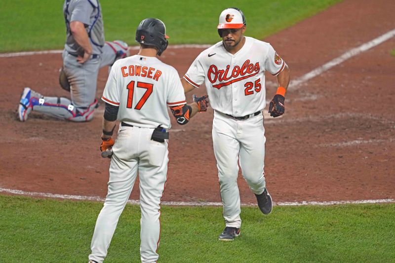 Jul 18, 2023; Baltimore, Maryland, USA; Baltimore Orioles outfielder Anthony Santander (25) greeted by outfielder Colton Cowser (17) after scoring in the ninth inning against the Los Angeles Dodgers at Oriole Park at Camden Yards. Mandatory Credit: Mitch Stringer-USA TODAY Sports