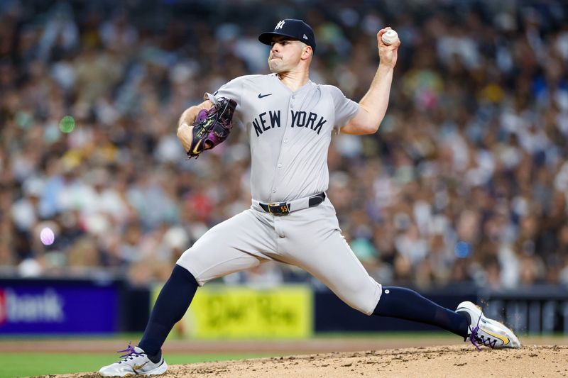 May 24, 2024; San Diego, California, USA;  New York Yankees starting pitcher Carlos Rodon (55) throws a pitch in the fourth inning against the San Diego Padres at Petco Park. Mandatory Credit: David Frerker-USA TODAY Sports