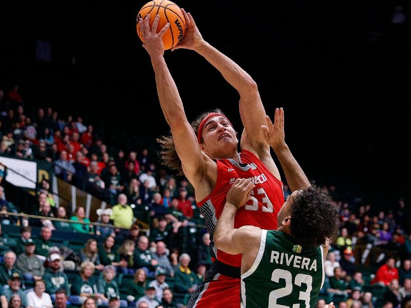 Mar 3, 2023; Fort Collins, Colorado, USA; New Mexico Lobos forward Josiah Allick (53) drives to the net against Colorado State Rams guard Isaiah Rivera (23) in the first half at Moby Arena. Mandatory Credit: Isaiah J. Downing-USA TODAY Sports