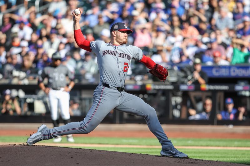 Sep 20, 2025; New York City, New York, USA; Washington Nationals starting pitcher Cade Cavalli (24) pitches in the first inning against the New York Mets at Citi Field. Mandatory Credit: Wendell Cruz-Imagn Images