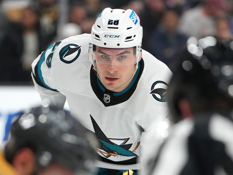 Feb 16, 2023; Las Vegas, Nevada, USA; San Jose Sharks right wing Timo Meier (28) readies for a face off against the Vegas Golden Knights during the first period at T-Mobile Arena. Mandatory Credit: Stephen R. Sylvanie-USA TODAY Sports