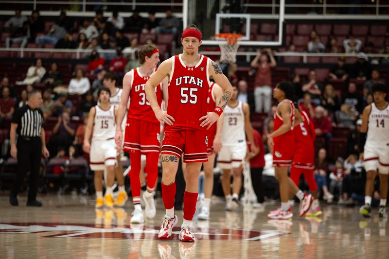 Jan 14, 2024; Stanford, California, USA; Utah Utes guard Gabe Madsen (55) walks to the Stanford Cardinal end of the court after the Cardinal 79-73 victory is sealed during the second half at Maples Pavilion. Mandatory Credit: D. Ross Cameron-USA TODAY Sports