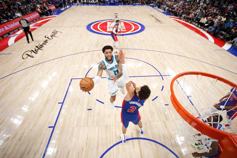 DETROIT, MI - FEBRUARY 9: Miles Bridges #0 of the Charlotte Hornets drives to the basket during the game against the Detroit Pistons on February 9, 2025 at Little Caesars Arena in Detroit, Michigan. NOTE TO USER: User expressly acknowledges and agrees that, by downloading and/or using this photograph, User is consenting to the terms and conditions of the Getty Images License Agreement. Mandatory Copyright Notice: Copyright 2025 NBAE(Photo by Brian Sevald/NBAE via Getty Images)