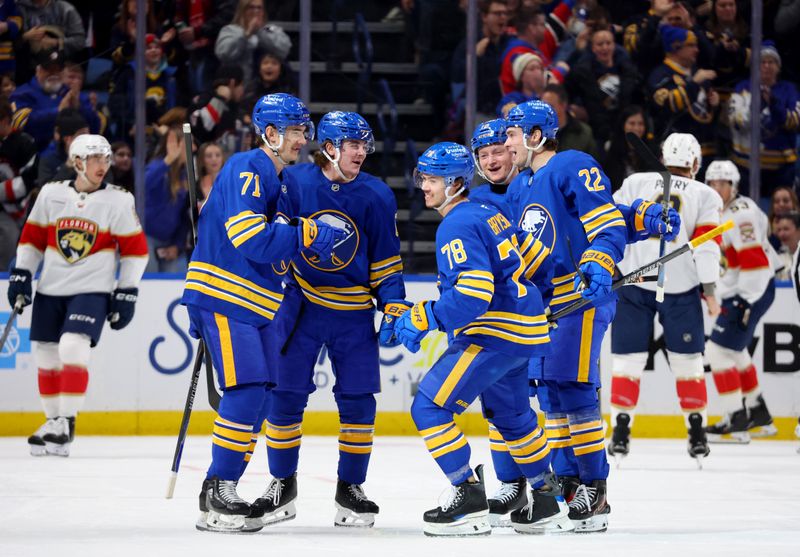 Jan 12, 2026; Buffalo, New York, USA;  Buffalo Sabres defenseman Jacob Bryson (78) celebrates his goal with teammates during the first period against the Florida Panthers at KeyBank Center. Mandatory Credit: Timothy T. Ludwig-Imagn Images