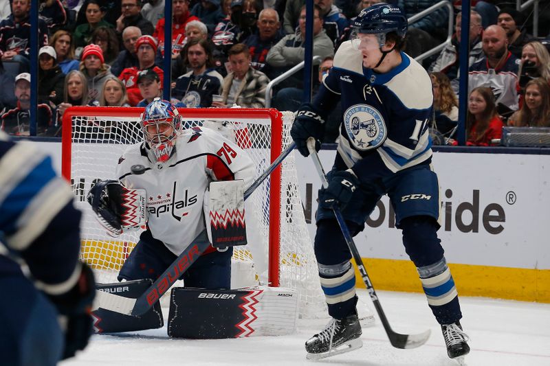 Dec 21, 2023; Columbus, Ohio, USA; Washington Capitals goalie Charlie Lindgren (79) makes a save against the Columbus Blue Jackets during the first period at Nationwide Arena. Mandatory Credit: Russell LaBounty-USA TODAY Sports