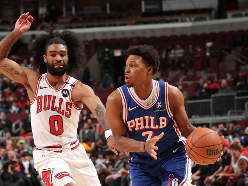 CHICAGO, IL - DECEMBER 8: Kyle Lowry #7 of the Philadelphia 76ers dribbles the ball during the game against the Chicago Bulls on December 8, 2024 at United Center in Chicago, Illinois. NOTE TO USER: User expressly acknowledges and agrees that, by downloading and or using this photograph, User is consenting to the terms and conditions of the Getty Images License Agreement. Mandatory Copyright Notice: Copyright 2024 NBAE (Photo by Gary Dineen/NBAE via Getty Images)