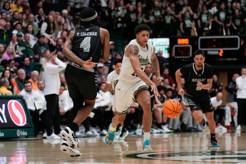 Feb 27, 2024; Fort Collins, Colorado, USA; Colorado State Rams guard Nique Clifford (10) steals the ball from Nevada Wolf Pack forward Tre Coleman (4) during the second half at Moby Arena. Mandatory Credit: Michael Madrid-USA TODAY Sports