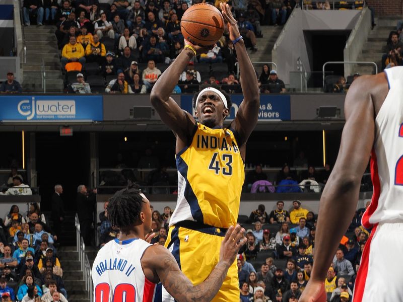 INDIANAPOLIS, IN - NOVEMBER 29: Pascal Siakam #43 of the Indiana Pacers shoots the ball during the game against the Detroit Pistons  during the Emirates NBA Cup game on November 29, 2024 at Gainbridge Fieldhouse in Indianapolis, Indiana. NOTE TO USER: User expressly acknowledges and agrees that, by downloading and or using this Photograph, user is consenting to the terms and conditions of the Getty Images License Agreement. Mandatory Copyright Notice: Copyright 2024 NBAE (Photo by Ron Hoskins/NBAE via Getty Images)