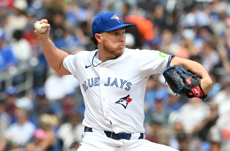 Jun 6, 2024; Toronto, Ontario, CAN;   Toronto Blue Jays relief pitcher Nate Pearson (24) delivers a pitch against the Baltimore Orioles in the seventh inning at Rogers Centre. Mandatory Credit: Dan Hamilton-USA TODAY Sports